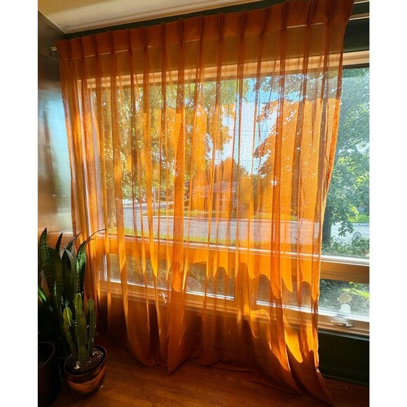 Vintage 70s curtain, orange sheer drapery, pleated - Picture 1 of 9